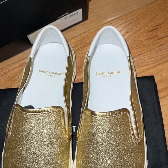 YSL Saint Laurent Mens Metallic Gold Slip-Ons - Picture 3 of 9